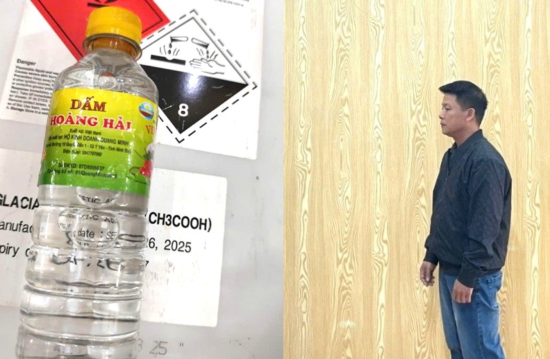 Hình ảnh sản phẩm dấm giả và bị can Vũ Văn Dũng. Ảnh: CA Ninh Bình.