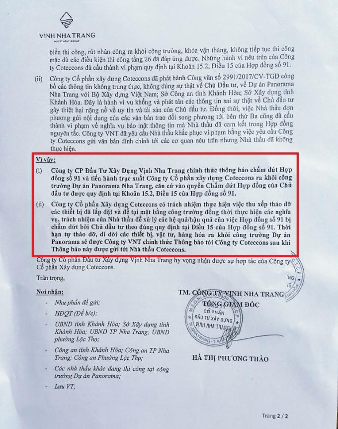 Thông báo số 171/2017/VNT của Công ty Vịnh Nha Trang