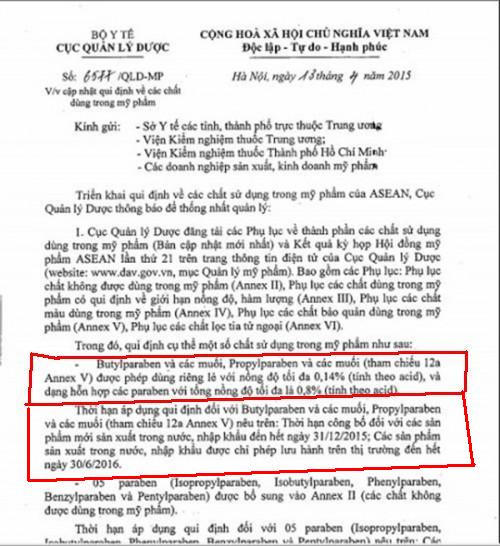 Công văn số 6577/QLD-MP của Cục quản lý dược, Bộ Y tế ngày 13/4/2015 quy định về việc cấm sử dụng một số chất trong mỹ phẩm.
