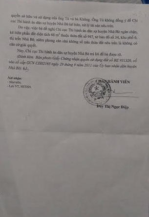 Văn bản trả lời của Chi cục Thi hành án huyện Nhà Bè đã bỏ qua cơ sở quan trọng là bản án phúc thẩm đã có hiệu lực pháp luật.