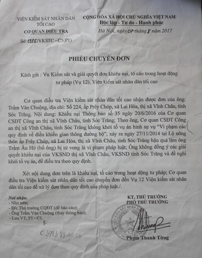 Phiếu chuyển đơn của VKSND Tối cao.