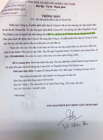 Sàn BĐS Cienco 507 vẫn yêu cầu bà Loan đóng thêm tiền xác lập quyền đầu tư dự án Thanh Hà.