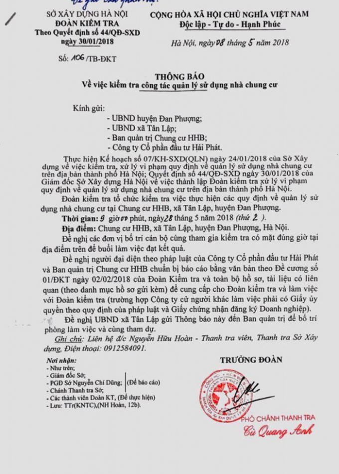 Thông báo về việc kiểm tra công tác quản lý sử dụng nhà chung cư.