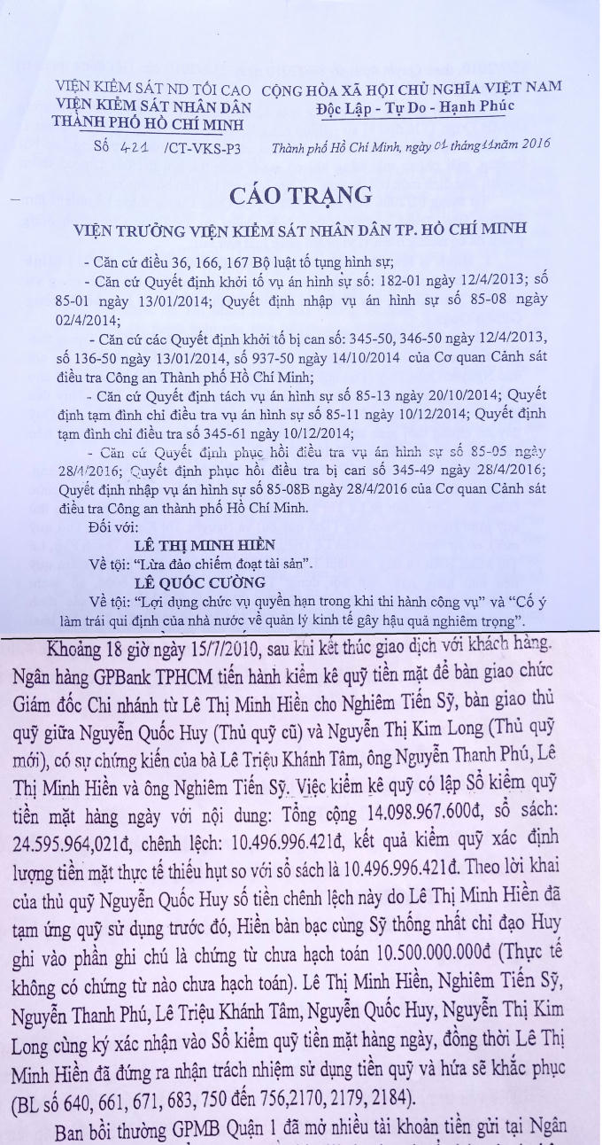 Phần lời khai của nguyên thủ quỹ NH GPBank trong cáo trạng số 421/CT-VKS-P3 của Viện kiểm sát nhân dân TP HCM.