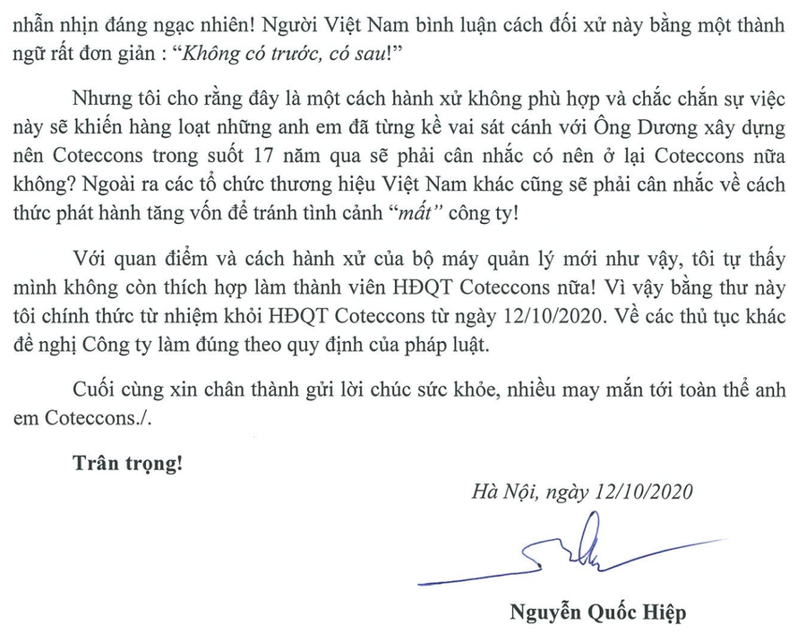 Đơn từ nhiệm của ông Nguyễn Quốc Hiệp.