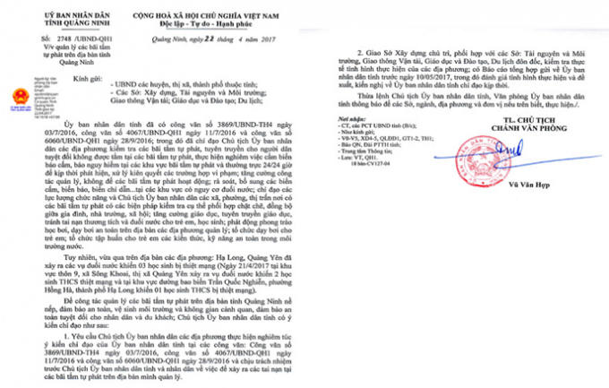 Văn bản chỉ đạo tăng cường quản lý các bãi tắm tự phát trên địa bàn tỉnh Quảng Ninh.