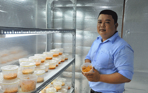 Anh Điền và mô hình trồng nấm của mình. Ảnh: Huỳnh Xây