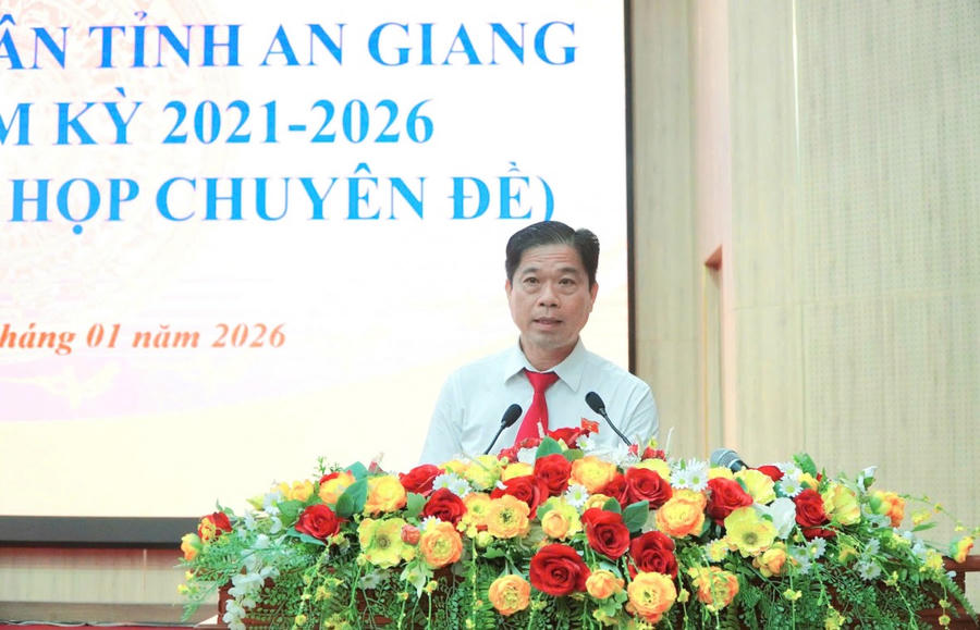 Ông Phạm Minh Tâm, Giám đốc Sở Tài chính tỉnh An Giang trình bày tại kỳ họp