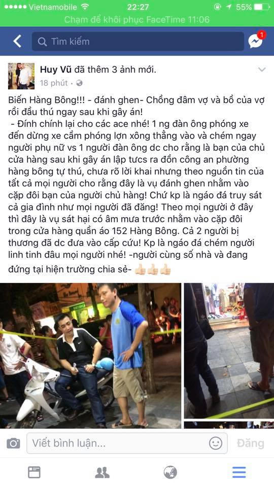 Facebook Huy Vũ chia sẻ thông tin về vụ chém nhau ở 152 Hàng Bông,Q Hoàn Kiếm, TP Hà Nội.