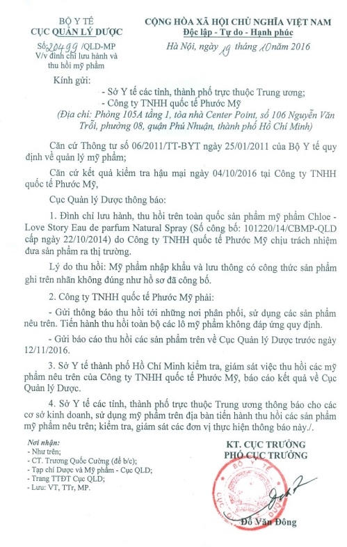 Văn bản đ&igrave;nh chỉ lưu h&agrave;nh, thu hồi sản phẩm mỹ phẩm Chloe.