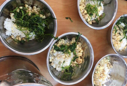 Suất ăn chỉ có ít rau muống, trứng của học sinh trường tiểu học Nam Trung Yên. Ảnh: Phụ huynh cung cấp.