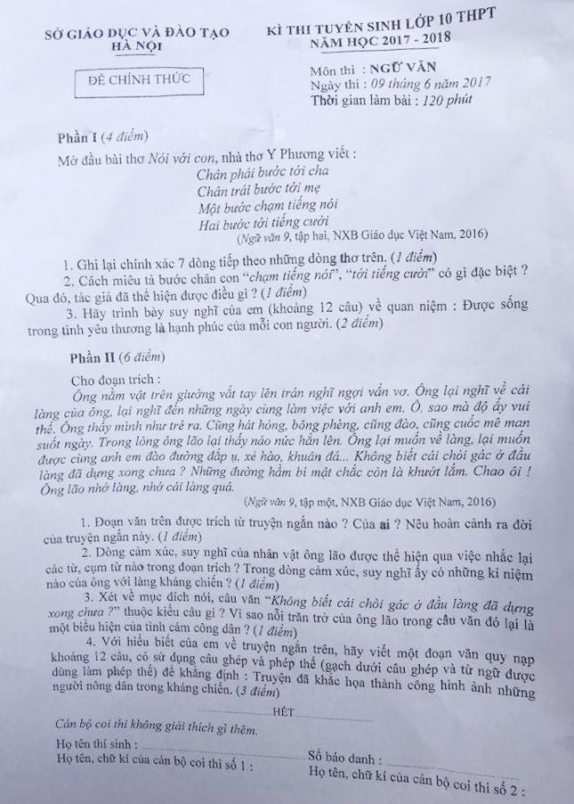 Đề thi môn Ngữ văn.