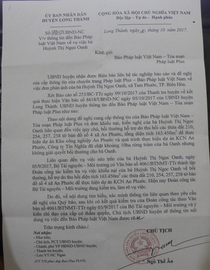 Công văn phản hồi của UBND huyện Long Thành về vụ việc.