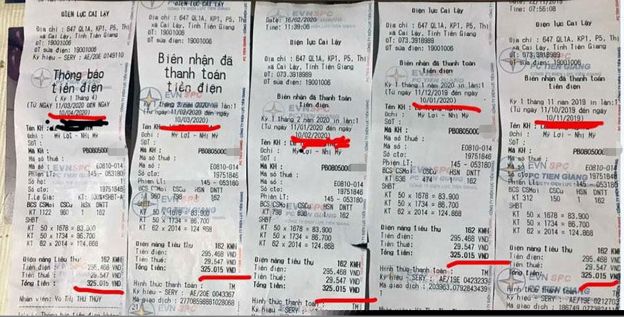 Một hộ dân ở  ấp Mỹ Lợi, Nhị Mỹ, thị xã Cai Lậy (Tiền Giang) có hoá đơn tiền điện 6 tháng liền giống hệt nhau. Ảnh: Tạp Chí Thương Trường