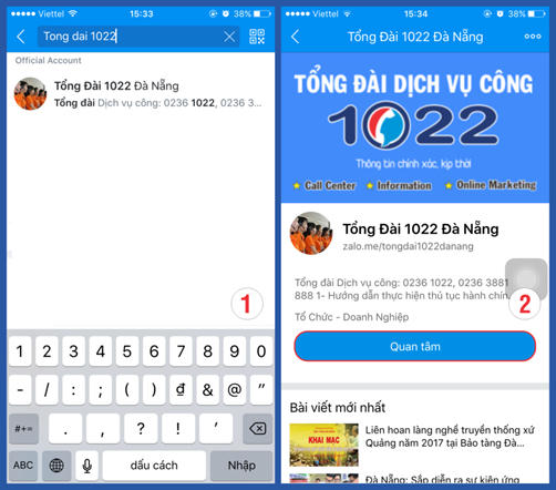 Giao diện Zalo Tổng đài 1022 Đà Nẵng.