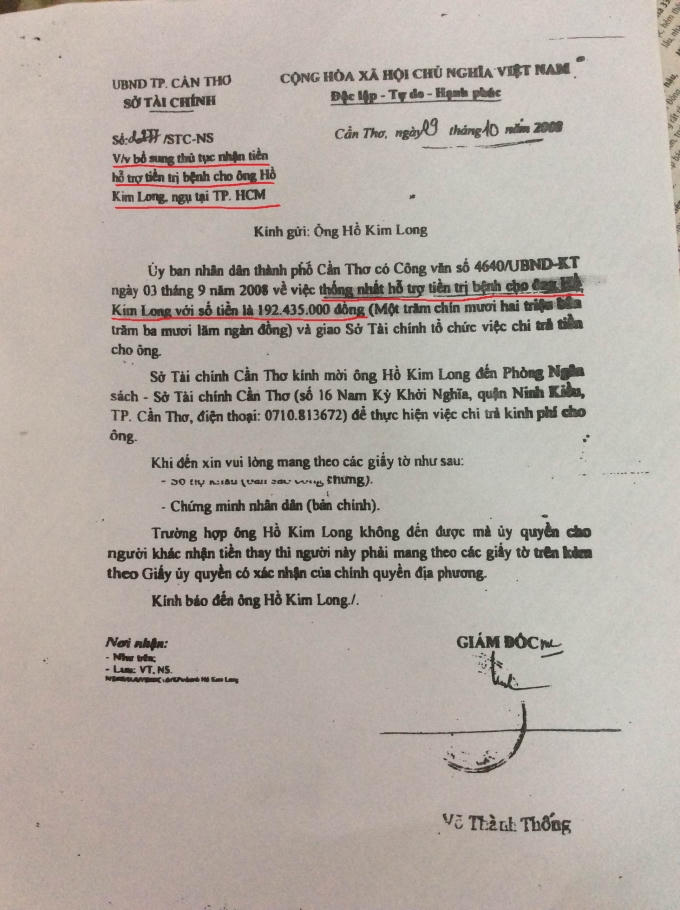 Sở Tài Chính Cần Thơ xác định “hỗ trợ tiền trị bệnh” cho ông Long sau đó quy ra giá trị tiền nhà?
