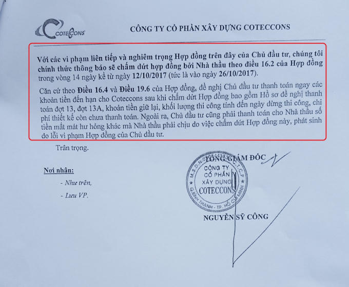 Công văn số 2991/2017/CV-TGĐ của Coteccons