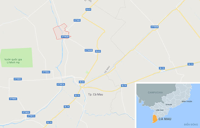 Thị trấn Thới Bình (ô đỏ) ở Cà Mau. Ảnh: Google Maps.