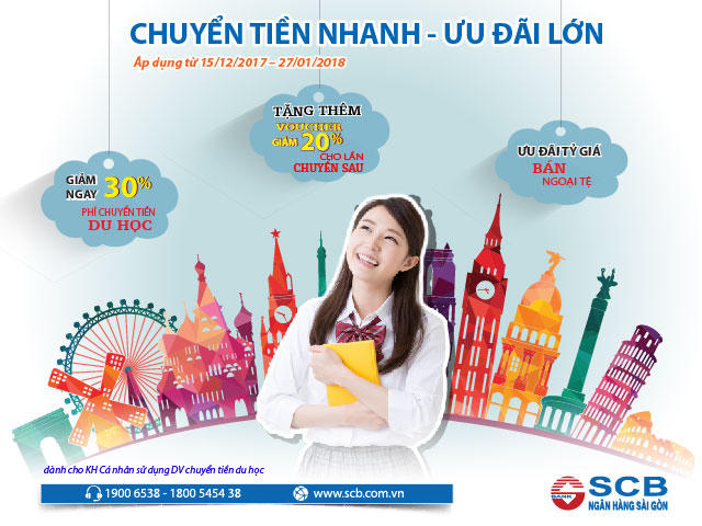 Ngân hàng SCB ưu đãi lớn phí chuyển tiền du học.