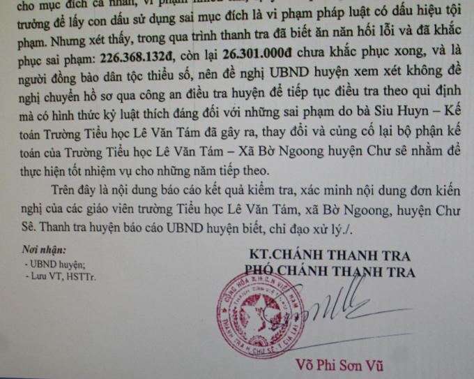 Kết quả tranh tra được Phó chánh thanh tra Võ Phi Sơn Vũ ký.  Ảnh: Trần Hiền