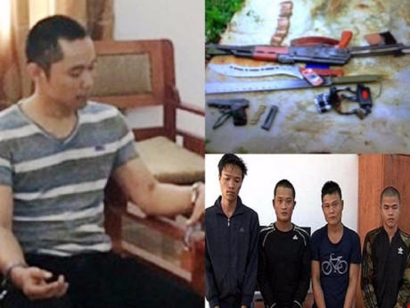 Đối tượng Hùng cùng đồng bọn và tang vật.
