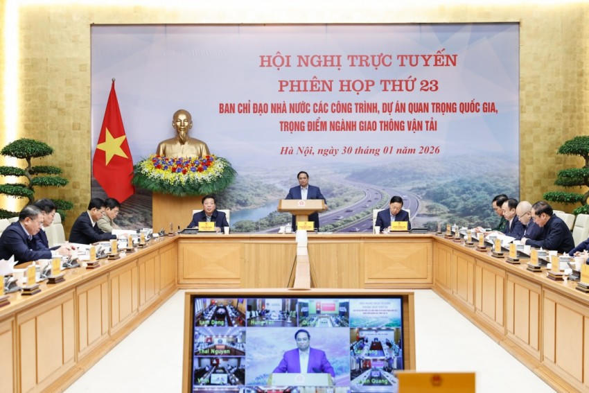 Thủ tướng Phạm Minh Chính, Trưởng Ban Chỉ đạo Nhà nước các công trình, dự án quan trọng quốc gia, trọng điểm ngành GTVT, chủ trì phiên họp thứ 23 của Ban Chỉ đạo - Ảnh: VGP