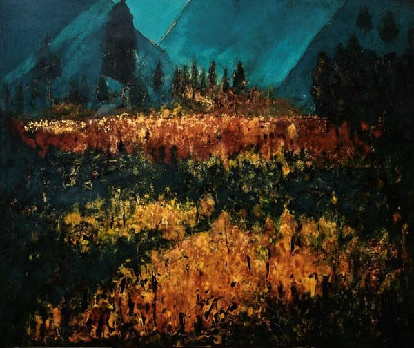 Tác phẩm Đồng hoang của Hiền Nguyễn, chất liệu sơn mài, kích thước 80x95cm, năm 2018