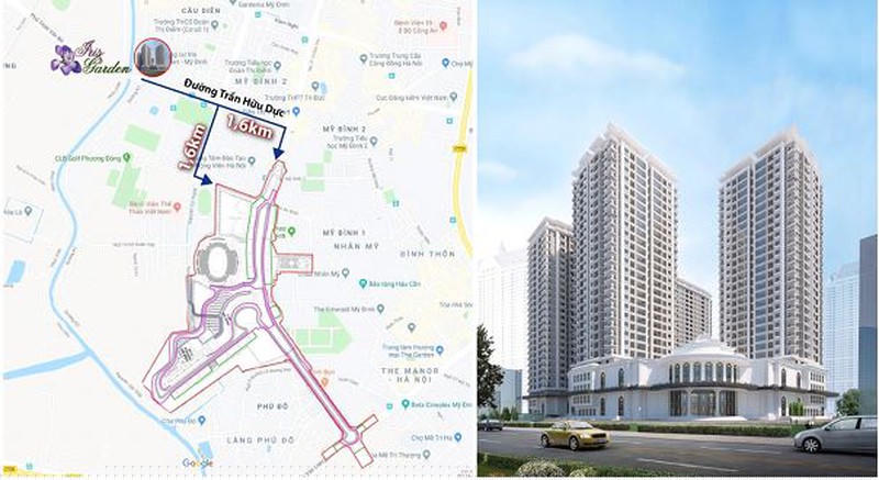 Sơ đồ vị trí dự án trên mặt đường Trần Hữu Dực kết nối với đường đua công thức 1 và mặt đứng block Iris Garden