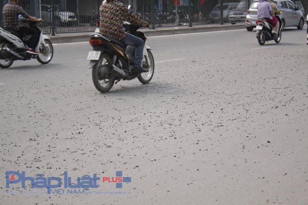 Đá rơi vung vãi khắp đường.