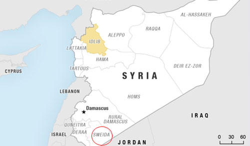 Phiến quân IS đang cố thủ ở khu vực núi lửa thuộc tỉnh Sweida, miền nam Syria. Đồ họa: BBC.