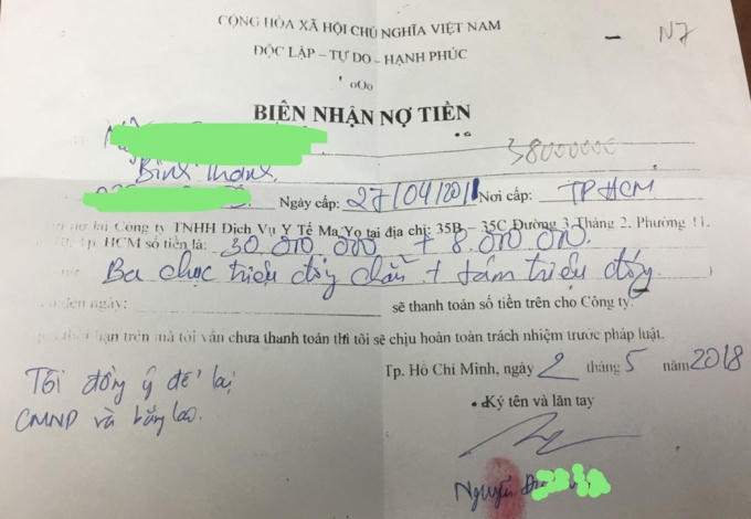 Biên nhận nợ tiền của anh M. tại Phòng khám đa khoa Ma Yo