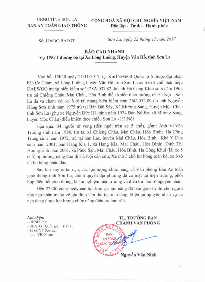 Báo cáo của Ban ATGT tỉnh Sơn La.