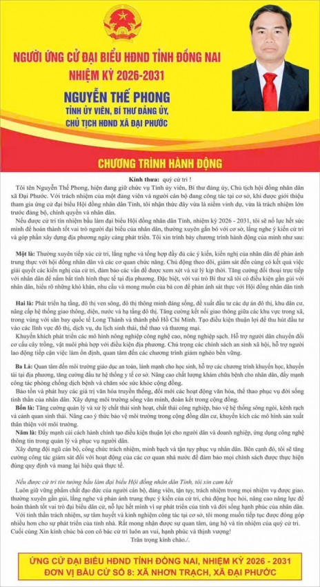 Chương trình hành động của ông Nguyễn Thế Phong – Tỉnh ủy viên, Bí thư Đảng ủy, Chủ tịch Hội đồng nhân dân xã Đại Phước.