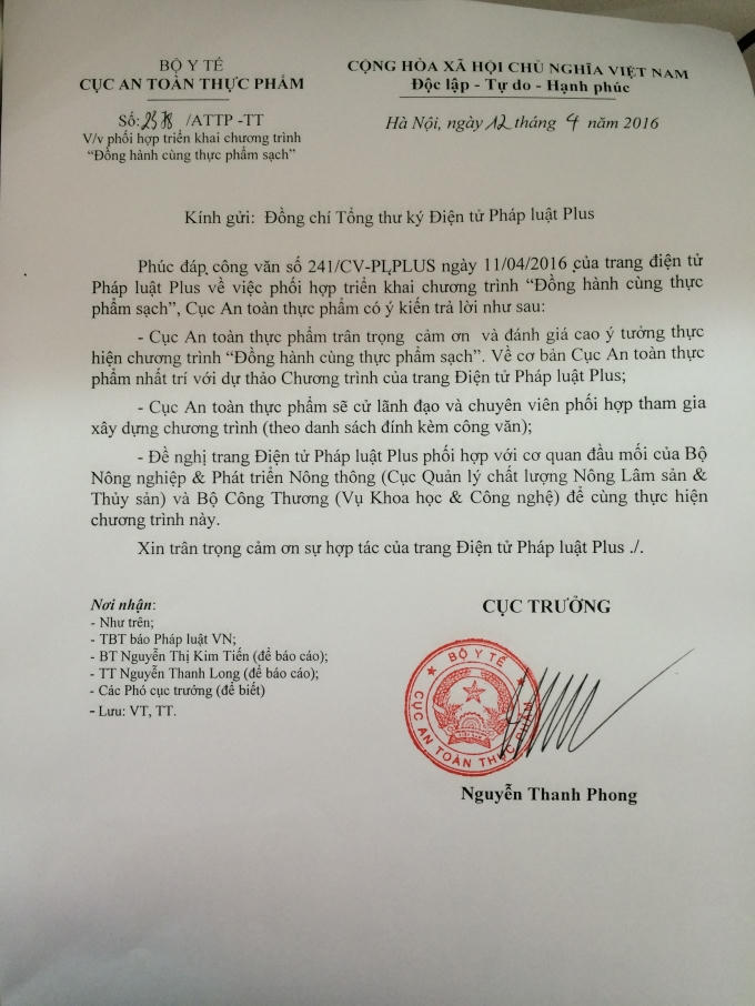 Công văn phúc đáp của đại diện Bộ Y tế - Cục An toàn thực phẩm.
