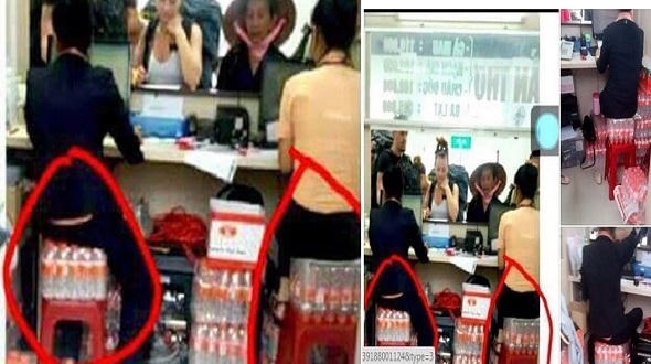 Không chỉ ngồi lên các lốc nước suối, hai nhân viên này còn thoải mái gác chân lên những lốc nước khác đặt dưới sàn nhà.