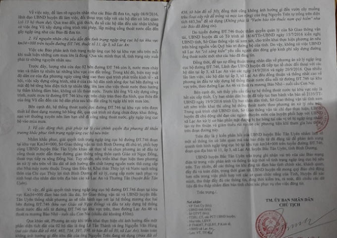 Nội dung văn bản trả lời của lãnh đạo UBND huyện Bắc Tân Uyên gửi cơ quan báo chí.