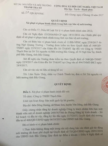 C&ocirc;ng ty TNHH Thạch B&agrave;n bị phạt 105 triệu đồng v&igrave; li&ecirc;n quan đến m&ocirc;i trường
