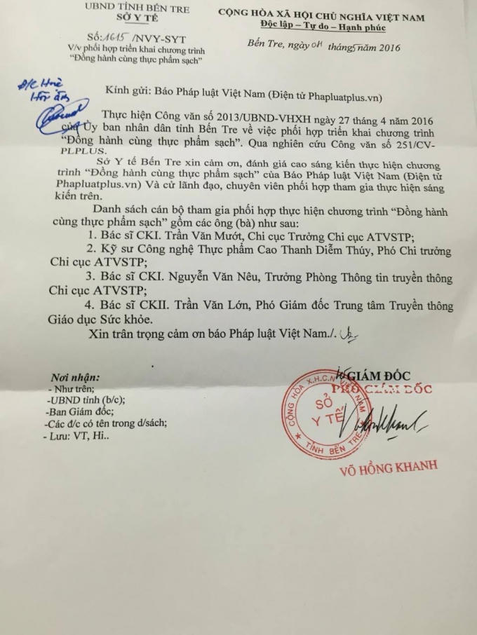 Công văn phúc đáp của tỉnh Bến Tre.