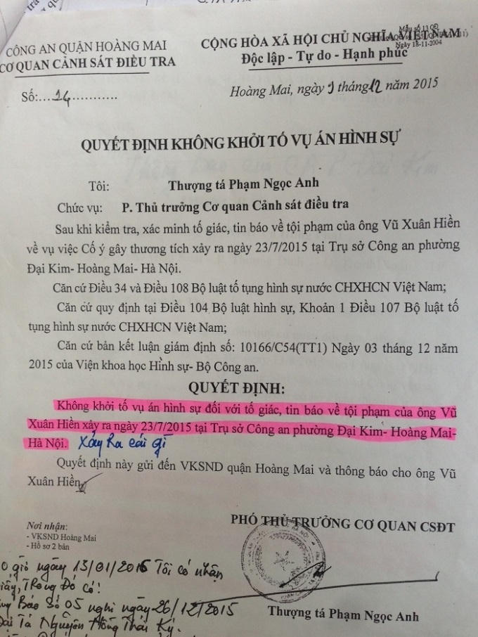 Công an quận Hoàng Mai ra quyết định không khởi tố hình sự đối với vụ việc của ông Hiền.