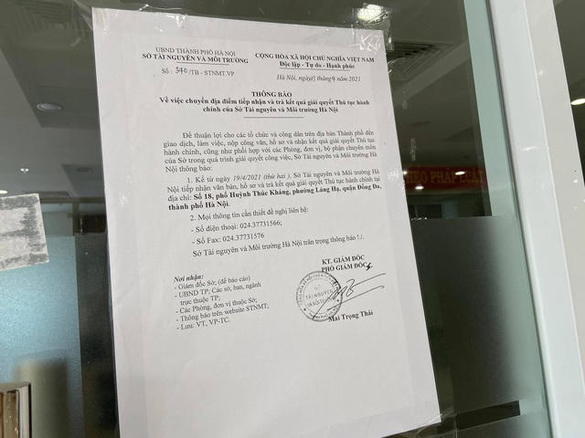 Thông báo của Sở Tài nguyên và Môi trường Hà Nội về việc tiếp nhận văn bản, hồ sơ, trả kết quả tại trụ sở cũ ở Huỳnh Thúc Kháng.