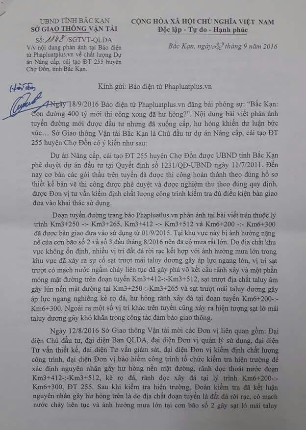 Theo Sở GTVT tỉnh Bắc Kạn cho rằng tuyến đường Quốc lộ 3B kéo dài bị hư hỏng là do yếu tố khách quan tác động đến công trình khai thác.