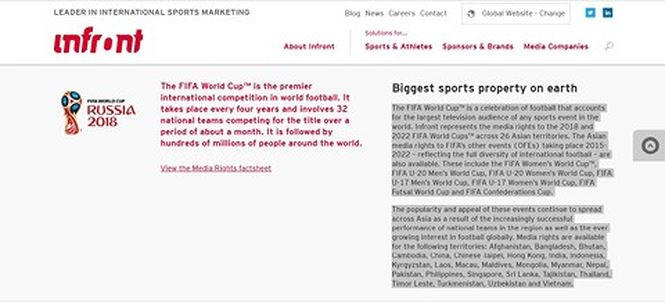Trang web của Infront Sports &amp; Media có nêu tên Việt Nam là một trong số các quốc gia và vùng lãnh thổ có bản quyền truyền hình cho World Cup 2018..