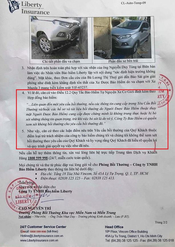 Văn bản của Bảo hiểm Liberty từ chối thanh toán bảo hiểm cho khách hàng.