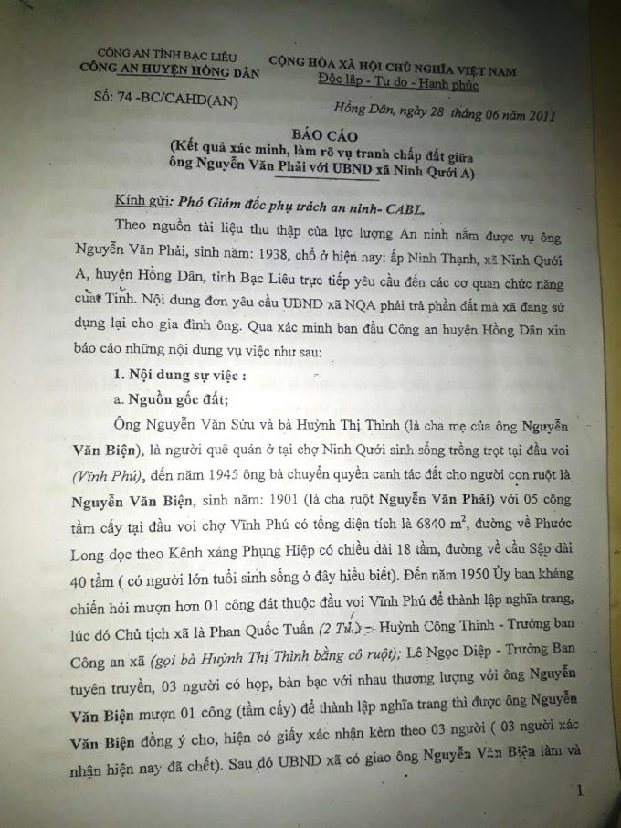 Báo cáo của Công An huyện Hồng Dân