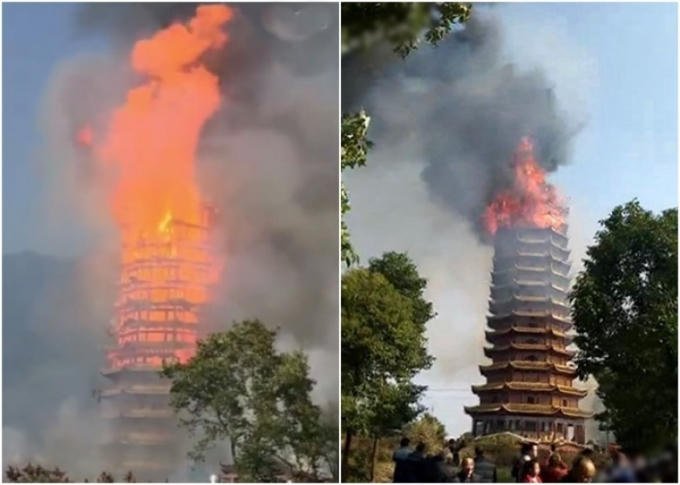 Tháp Linh Cung bốc cháy dữ dội.