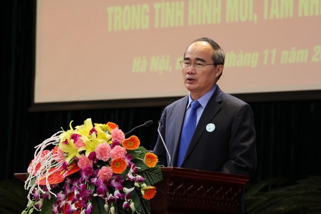 Ông Nguyễn Thiện Nhân - Ủy viên Bộ Chính trị - Chủ tịch Ủy ban T.Ư MTTQ Việt Nam phát biểu tại Hội thảo.