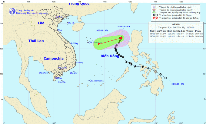Dự báo hướng đi của áp thấp nhiệt đới trên Biển Đông. Ảnh: nchmf.gov.vn.