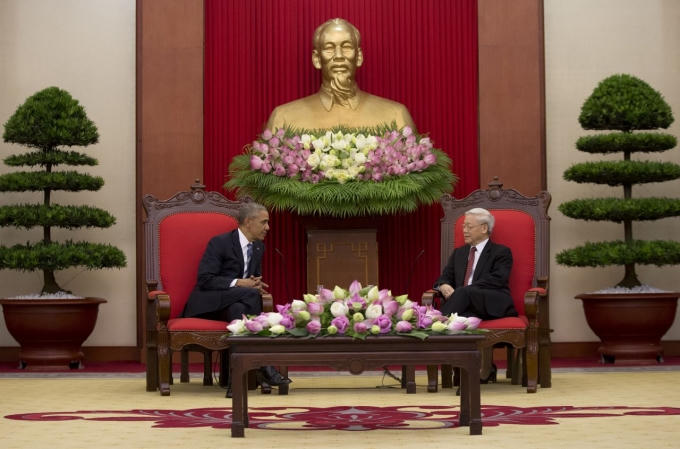 Tổng thống Nguyễn Phú Trọng tiếp Tổng thống Obama. (Ảnh: Ap)