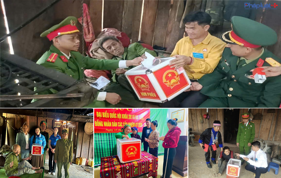 Các cán bộ chiến sỹ Công an Nghệ An cùng lực lượng chức năng trong tổ bầu cử mang từng hòm phiếu đến từng hộ dân gặp khó khăn về việc đi lại để các cử tri thực hiện trọn vẹn quyền và nghĩa vụ của mình.