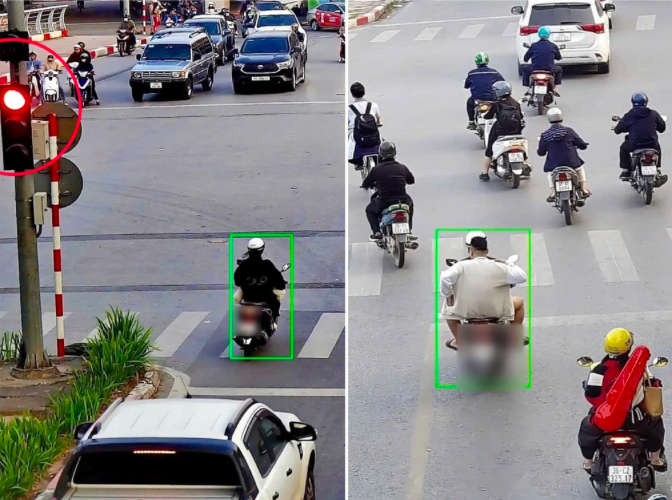 Một trường hợp xe máy vượt đèn đỏ (bìa trái) bị camera AI phát hiện. Qua truy vết dữ liệu, CSGT còn phát hiện tài xế xe máy này từng chở người khác ngồi sau xe không đội mũ bảo hiểm (Ảnh: Ngọc Tiến).